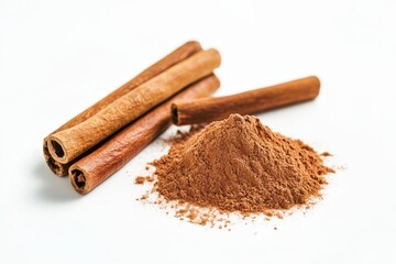 Cinnamon Sticks and Powder on White Background
