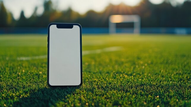 Smartphone with white screen, focused in the foreground, with a vibrant football field blurred in the distance, ideal for sports tech