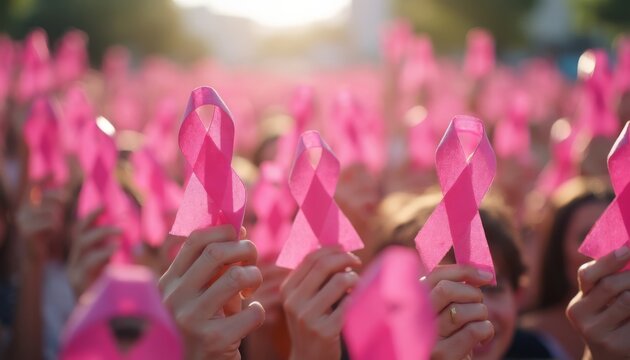 A Powerful Display of Unity and Awareness: Hands Holding Pink Ribbons in Support of Breast Cancer Awareness