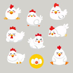 Set of cute fat white Leghorn cartoon chickens in happy and relaxed moods and a sleeping poses