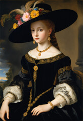 Renaissance-style painting portrait of a 19th century princess in black dress, Generative AI	
