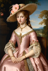 Renaissance-style painting portrait of a 19th century princess in pink dress, Generative AI	
