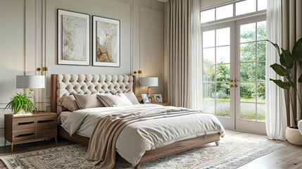 A stylish transitional bedroom featuring a sleek wooden bed frame with a tufted upholstered headboard,