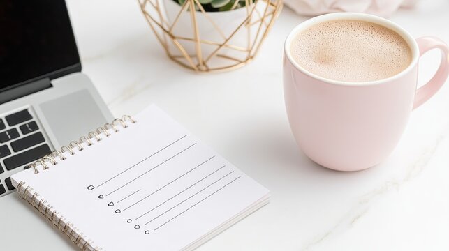 Morning workspace with coffee, laptop, and notebook for productivity and planning