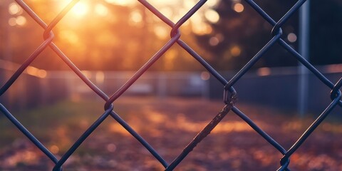 Fototapeta premium Chain link fence at sunset with soft bokeh