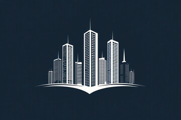 Fototapeta premium Abstract skyline illustration with towering skyscrapers on an open book, symbolizing knowledge and urban development, against a dark background.
