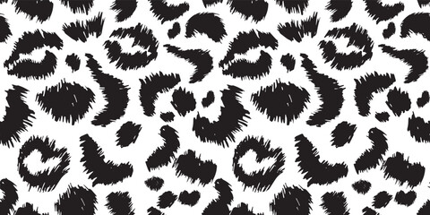 Seamless leopard fur pattern, black and white vector  hand drawn natural print for fabric, wallpaper