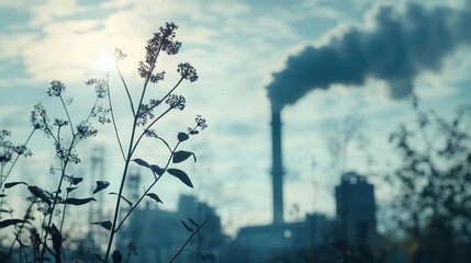 Obraz premium Dying plants and trees near a factory spewing fumes close up, focus on, copy space bright yet decaying contrast, double exposure silhouette with factory pollution