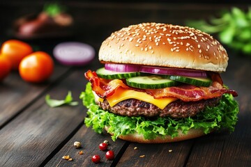 Tasty Burger with Bacon and Fresh Vegetables