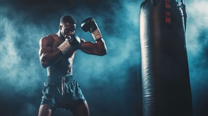 A muscular, shirtless black boxer in boxing gloves throws a punch at a hanging punching bag in a smoky gym.