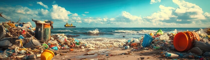 A wind farm near a coastline undergoing a plastic cleanup effort, solid ocean background, ample copy space for text, marine protection and renewable energy concept