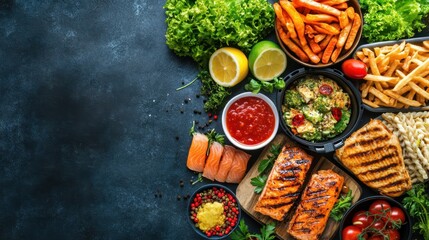Various airfryer dishes spread out on a kitchen table, top view, highlighting healthy cooking methods and space for product copy