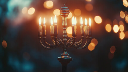 Fototapeta premium Charming Scene of a Vintage Menorah and Dreidel Against a Soft Bokeh Light Background for Hanukkah
