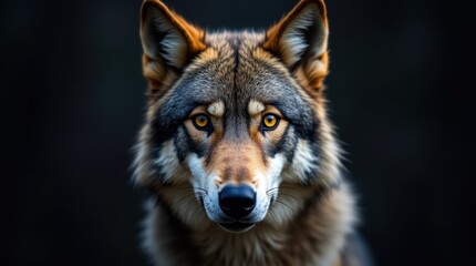 Fototapeta premium The wolf's face is captured up close, with its side profile filling the frame. The fur around its snout is thick and textured, displaying a rich blend of earthy tones that enhance its wild appearance.