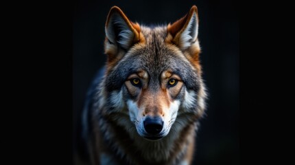 Fototapeta premium The wolf's face is captured up close, with its side profile filling the frame. The fur around its snout is thick and textured, displaying a rich blend of earthy tones that enhance its wild appearance.