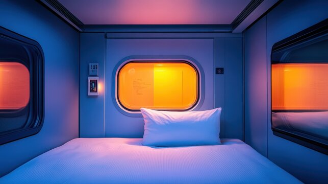 Modern Capsule Hotel Room with Colorful Lighting and White Pillows