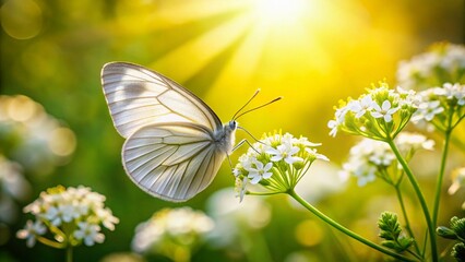 White Butterfly Resting on White Flowers in Serene Nature Setting for Stock Photography