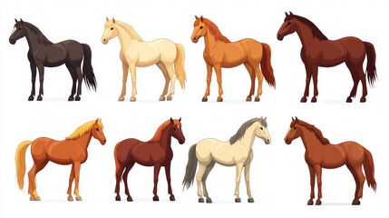 Brown horses in various poses, isolated on a clean white background, perfect for use in design projects, illustrations, and educational materials.