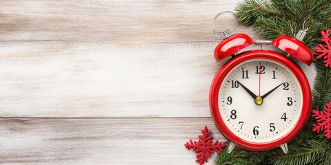 Red Alarm Clock with Christmas Decorations on Wooden Background