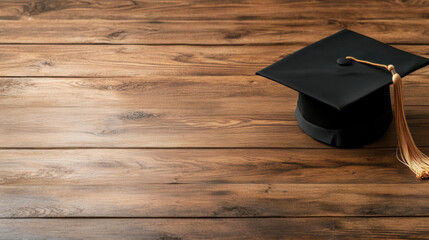 Graduation cap on wooden table with empty space for text or design