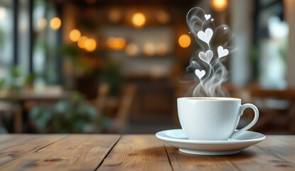 Fototapeta premium This image features a white teacup with steam forming heart shapes, set on a wooden table in a cozy café environment.