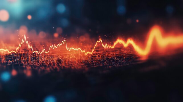 Abstract digital background with a glowing orange line chart on a dark textured surface, representing data visualization and digital technology. - Powered by Adobe