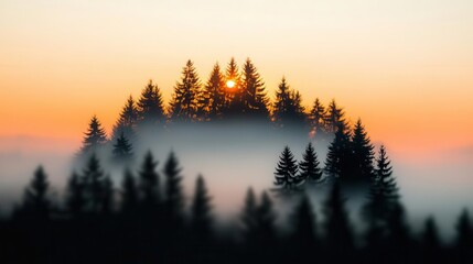 Polluted sunrise obscured by industrial waste in the air close up, focus on, copy space warm yet suffocating light, double exposure silhouette with smog-covered trees