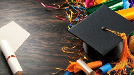 Graduation cap, diploma, colorful decorations, and celebration items create festive atmosphere