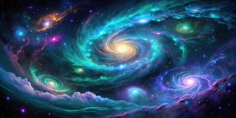 Obraz premium A Cosmic Symphony of Swirling Galaxies, Star Clusters, and Nebulas, A Breathtaking Tapestry of Celestial Wonders