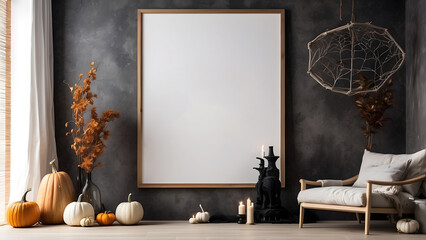 Modern minimalist vertical wall art mockup with sofa for Halloween, blank frame for vertical wall art living room mockup, Halloween spooky scary vibes of the room interior