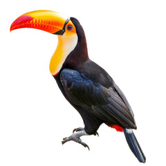Fototapeta premium A vibrant toucan with a striking orange bill perched gracefully against a white backdrop in a natural setting