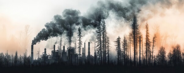 Obraz premium Smoke billowing from factories against withered trees close up, focus on, copy space bleak scenery in dark hues, double exposure silhouette with dying forest