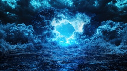 Obraz premium Dramatic cloud formation over turbulent ocean under moonlit night sky