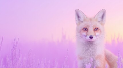Obraz premium Serene red fox in lavender field at sunset with pastel skies and tranquil landscape