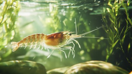  freshwater shrimp swimming in a crystal-clear river. 