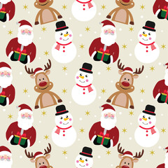 Festive seamless pattern features cute christmas cartoon characters, including Santa Claus, snowman, and reindeer. Perfect for holiday wrapping paper, decorations, greeting cards, and festive designs.