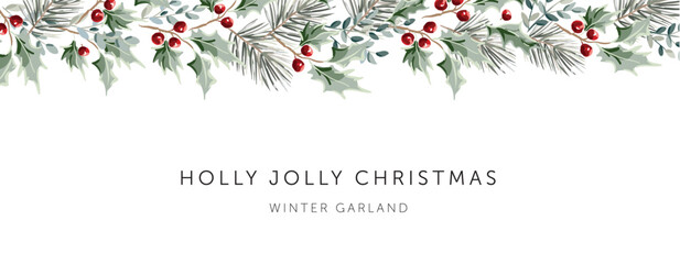 Christmas border, text, white background. Green holly, pine twigs, red berries. Winter nature design. Vector illustration. Greeting banner template. Xmas forest