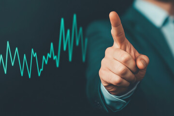 Businessman pointing at a holographic growth graph with rising progress lines