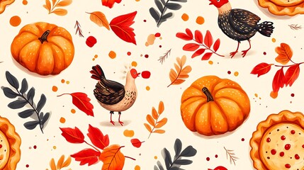 Happy tiny pies, playful turkeys, and pumpkins scattered across a warm fall background with vibrant autumn leaves, soft shadows and cozy lighting creating a seamless Thanksgiving pattern.