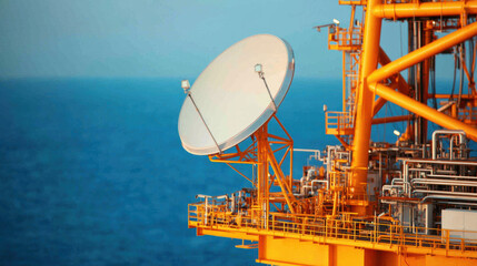Close up of oil rig platform with satellite antenna overlooking ocean