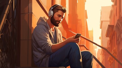 A young man with a beard sits on a set of stairs listening to music on headphones and checking his phone.