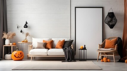 Modern minimalist vertical wall art mockup with sofa for Halloween, blank frame for vertical wall art living room mockup, Halloween spooky scary vibes of the room interior