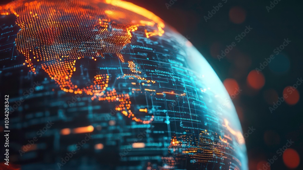 Poster a glowing digital globe with lines and data patterns illuminating the north american continent.