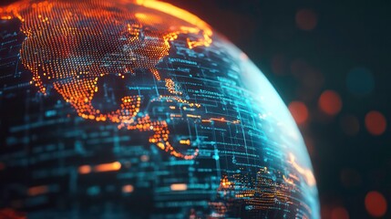 A glowing digital globe with lines and data patterns illuminating the North American continent.