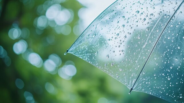 A transparent umbrella covered in raindrops with a soft focus green nature background