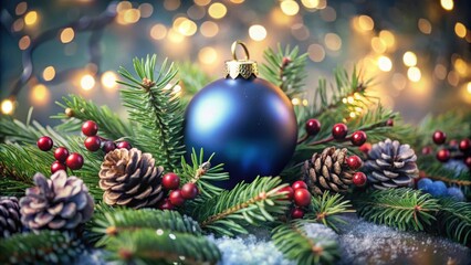 Naklejka premium A Blue Christmas Ornament Nestled in a Bed of Evergreen Branches, Pine Cones, and Red Berries, with a Blurred Background of Golden Lights