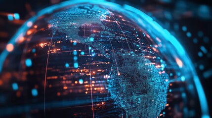 A 3D rendering of a futuristic, digital globe with glowing blue lines and orange data points, representing global connectivity and information flow.