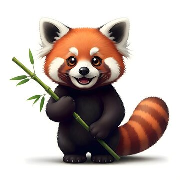 Adorable Cartoon Red Panda Holding Bamboo Illustration Art