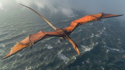 Pterodactyl flying over open water, wings wide as the creature navigates through a misty sky. vast ocean below reflects the creature's dominance over the air, capturing prehistoric grandeur in motion.