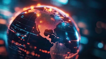 A digital globe with North America highlighted in red.